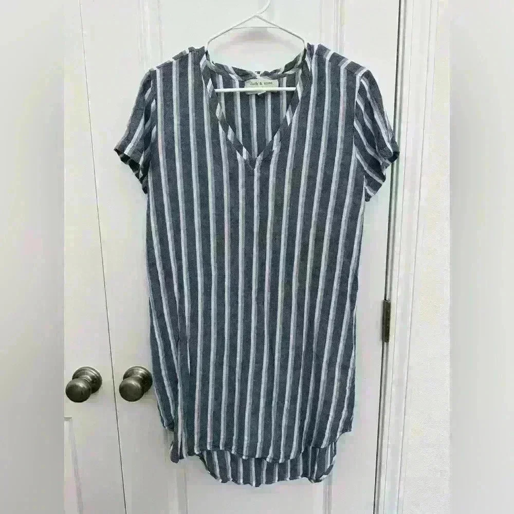 Cloth & Stone Anthropologie Women’s Blue and White Striped Tunic Dress Linen